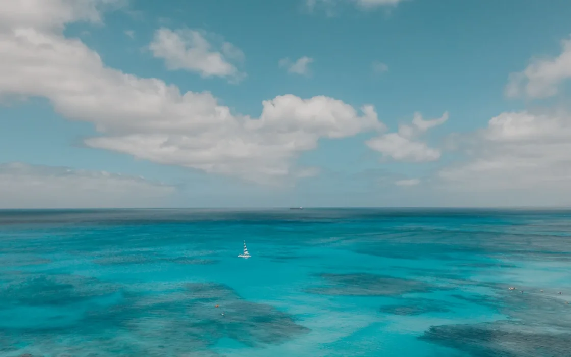 Catamaran de croisière au mouillage dans une baie tropicale